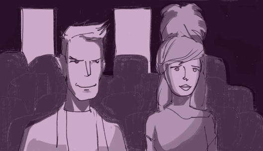 Nathaniel and Dorothy watch Clarence's audition. (Storyboard drawn by Monte Patterson).