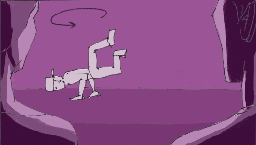 Clarence really goes for it, diving on the floor. (Storyboard drawn by Monte Patterson).