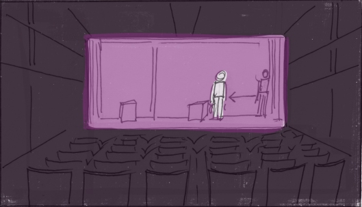 Lights flip on. Nathaniel enters the stage...alone. (Storyboard drawn by Monte Patterson)