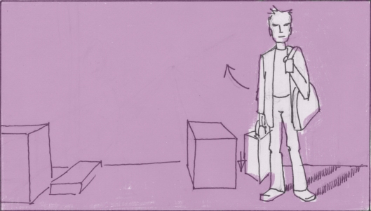 Nathaniel, carrying a bag of groceries, looks around the stage wistfully. (Storyboard drawn by Monte Patterson).