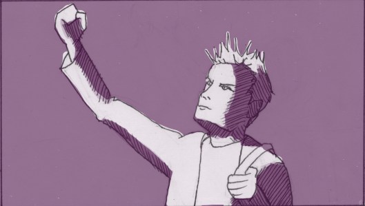 Nathaniel raises his fists in mock triumph saying, "Enter Stage Right. A young man, full of hope, crosses to the most beautiful woman he's ever seen." He holds back tears as he says the line, ironically. (Storyboard drawn by Monte Patterson).