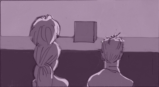 Nathaniel and Dorothy prepare to watch an audition. (Storyboard by Monte Patterson).