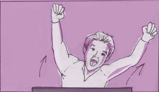 From behind the cube, Eli pops out, finishing his audition with a flourish. (Storyboard by Monte Patterson).