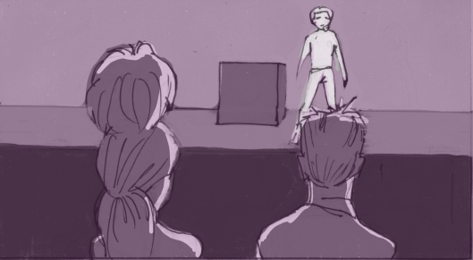 Eli looks for approval after his audition. (Storyboard drawn by Monte Patterson).