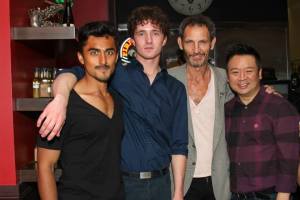 Co-producer Sammy Kusler with "Guys Reading Poems" stars Gopal Divan, Blake Sheldon and Rex Lee.